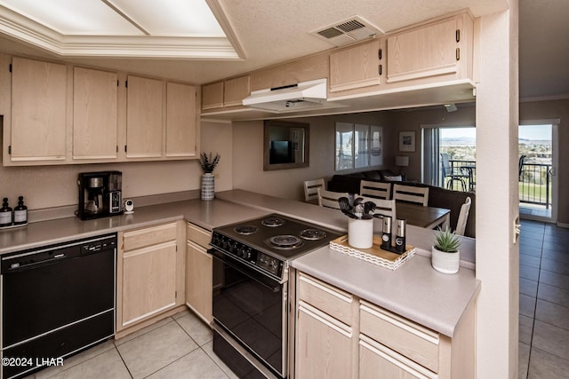 777 Harrah Way Unit 512, Lake Havasu City, AZ 86403 - kitchen with visible vents, light brown cabinets, range with electric stovetop, black dishwasher, and light tile patterned floors
