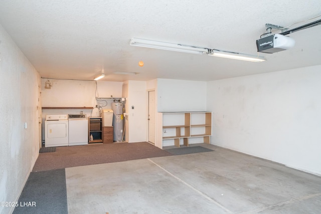 garage featuring a garage door opener, washer and clothes dryer, and water heater