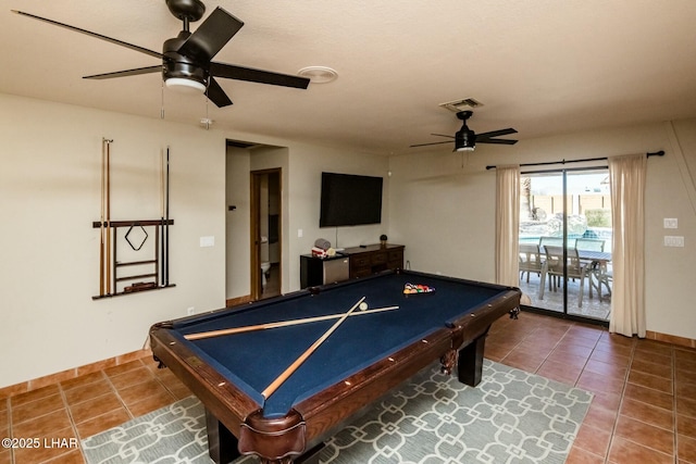 rec room with billiards, baseboards, visible vents, a ceiling fan, and tile patterned floors