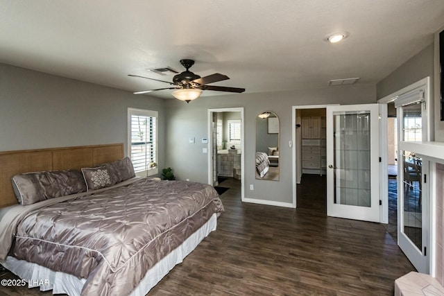 bedroom with french doors, wood finished floors, visible vents, and baseboards