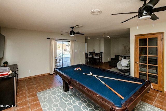 playroom featuring billiards, ceiling fan, tile patterned flooring, and visible vents