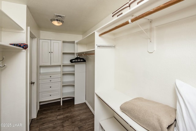 spacious closet featuring dark wood-style floors and visible vents