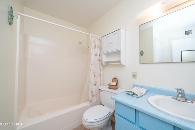 full bath with shower / bath combination with curtain, visible vents, vanity, and toilet