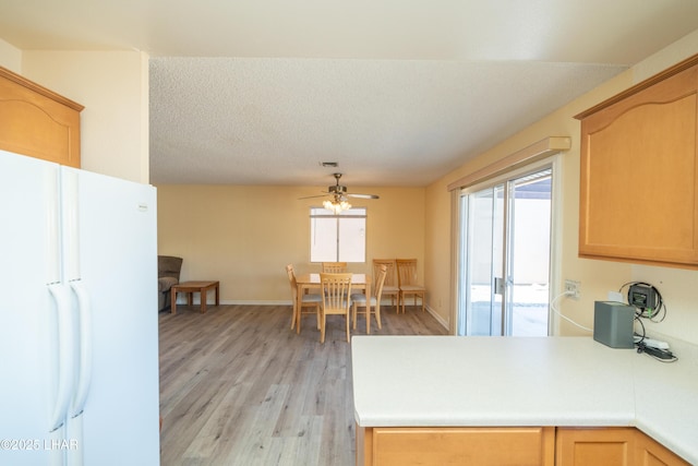 kitchen featuring freestanding refrigerator, light brown cabinets, and a peninsula