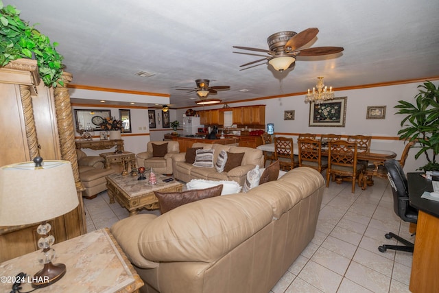 living room with light tile patterned flooring, crown molding, and ceiling fan with notable chandelier