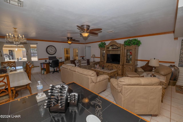 tiled living room featuring ornamental molding and ceiling fan with notable chandelier