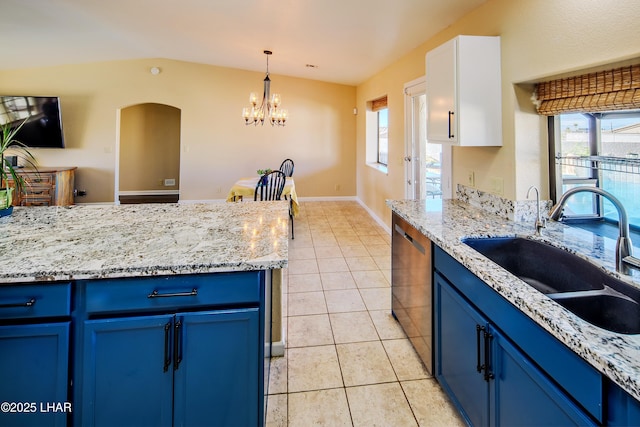 kitchen featuring white cabinetry, sink, and blue cabinetry