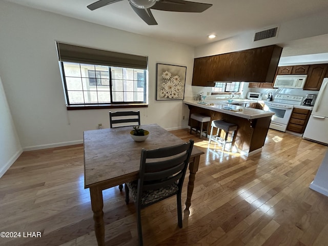 dining space with ceiling fan, sink, and light hardwood / wood-style flooring