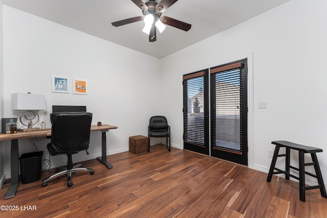 office with a ceiling fan, wood finished floors, and baseboards