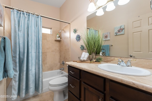 full bathroom with a chandelier, tile patterned flooring, vanity, toilet, and shower / bathtub combination with curtain