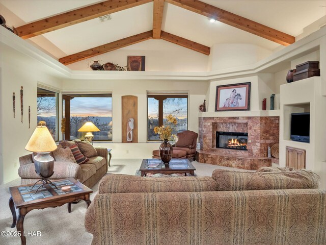 living room featuring carpet floors and vaulted ceiling with beams