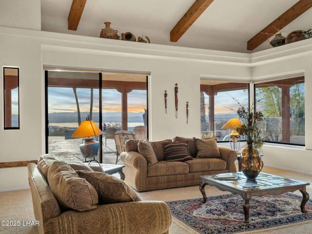 carpeted living room featuring beamed ceiling and plenty of natural light