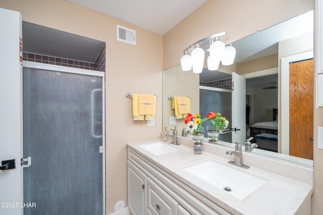 913 Thunderbolt Ave, Lake Havasu City, AZ 86406 - ensuite bathroom with double vanity, a stall shower, and a chandelier