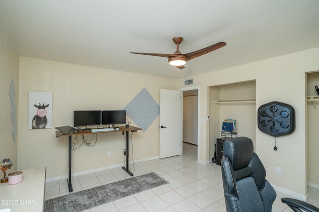913 Thunderbolt Ave, Lake Havasu City, AZ 86406 - tiled home office featuring ceiling fan and baseboards