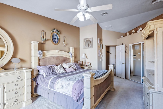 bedroom featuring ceiling fan, light carpet, and visible vents