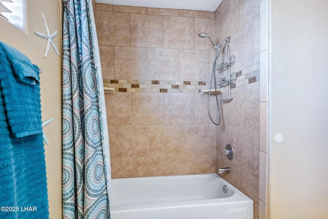 full bathroom with shower / bathtub combination with curtain