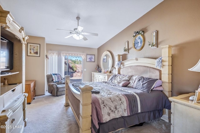 bedroom featuring access to outside, ceiling fan, and light colored carpet