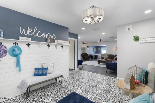 mudroom featuring a ceiling fan, recessed lighting, visible vents, and wood finished floors