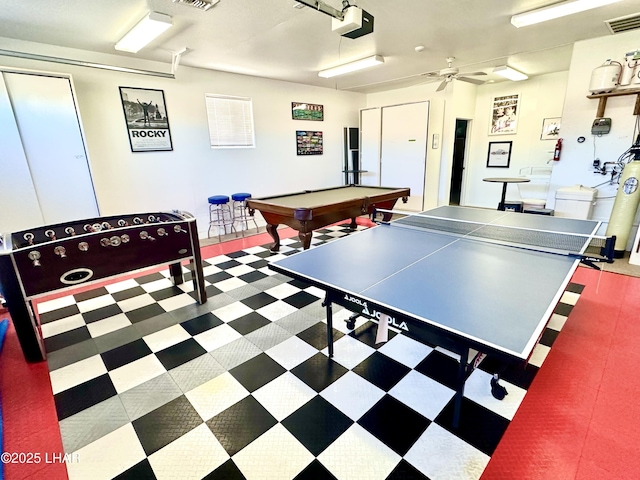 playroom featuring pool table and ceiling fan