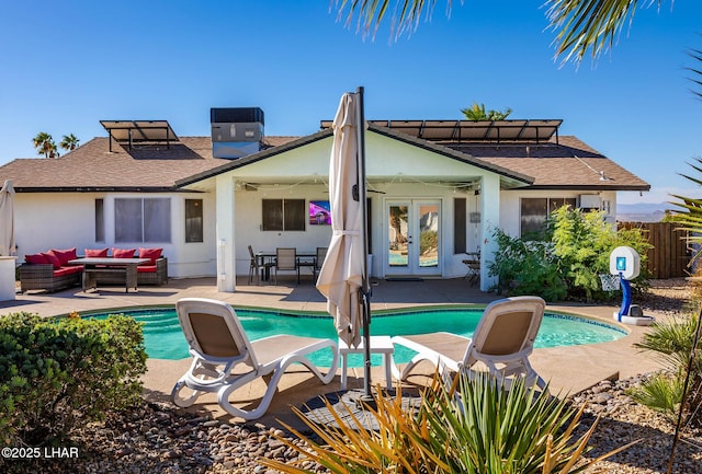 672 Wayside Dr, Lake Havasu City, AZ 86403 - rear view of property featuring an outdoor living space, french doors, stucco siding, and roof with shingles