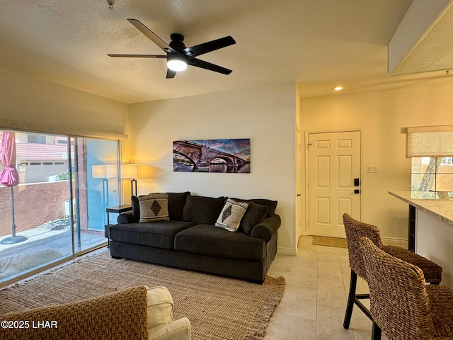 1650 S Smoketree Ave Unit 116, Lake Havasu City, AZ 86403 - living room with ceiling fan, light tile patterned flooring, recessed lighting, and baseboards