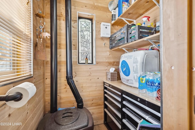 interior space featuring wooden walls