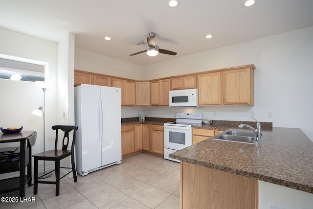 kitchen with sink, white appliances, kitchen peninsula, and ceiling fan