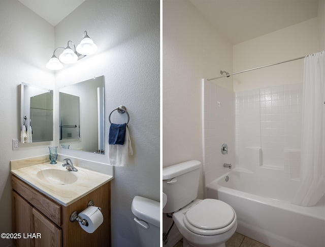 full bathroom featuring shower / tub combo with curtain, vanity, and toilet