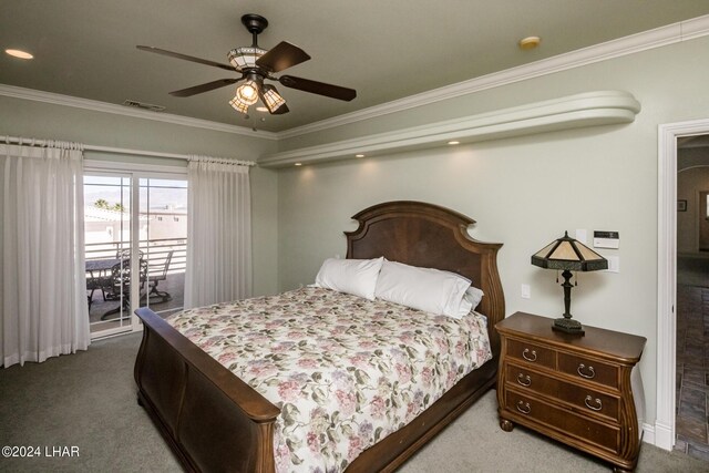 carpeted bedroom with access to exterior, ornamental molding, and ceiling fan