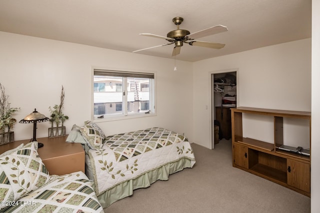bedroom featuring a spacious closet, carpet, a closet, and a ceiling fan