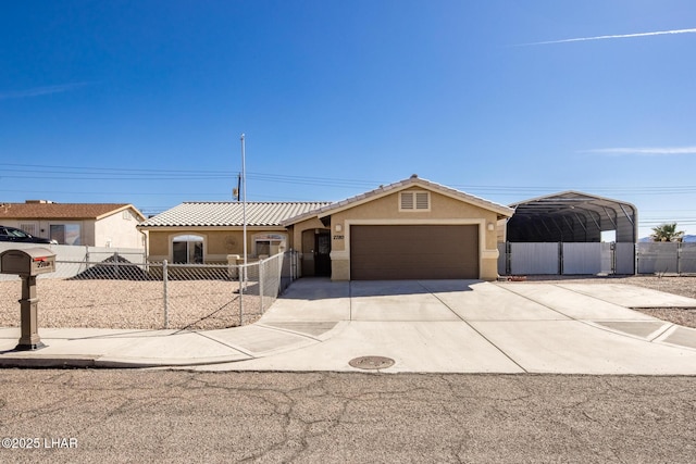 single story home featuring driveway, a garage, a tile roof, fence, and stucco siding