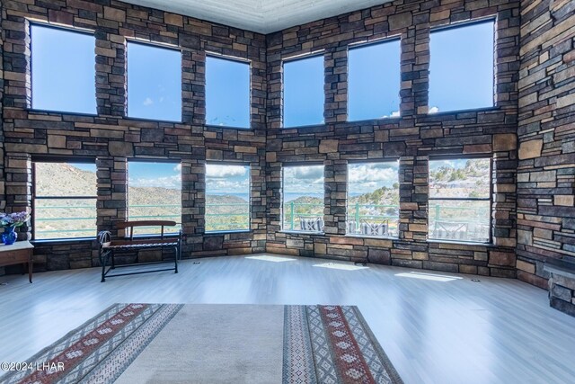 unfurnished room featuring a towering ceiling, wood-type flooring, and plenty of natural light