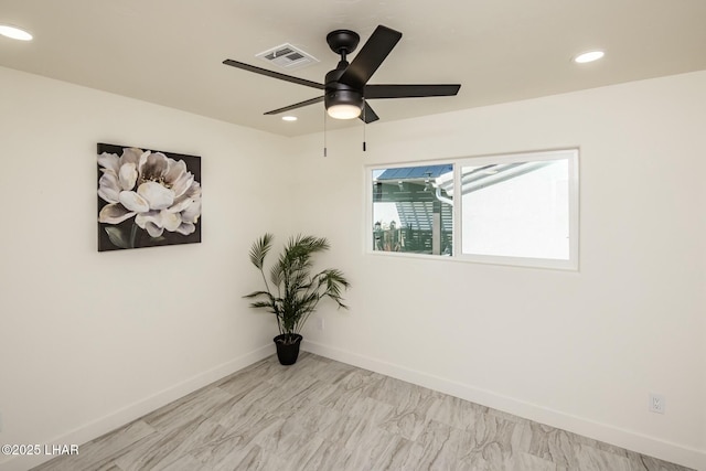 unfurnished room featuring a ceiling fan, recessed lighting, visible vents, and baseboards