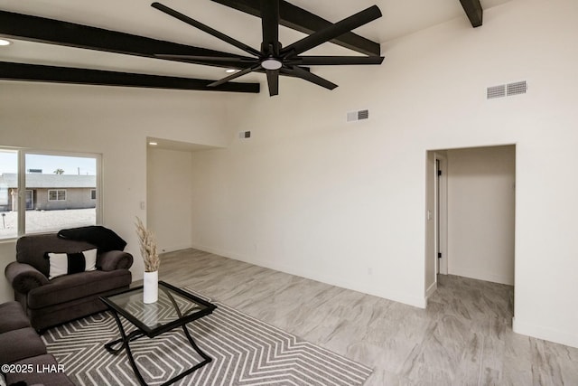 living area featuring visible vents, beamed ceiling, baseboards, and wood finished floors