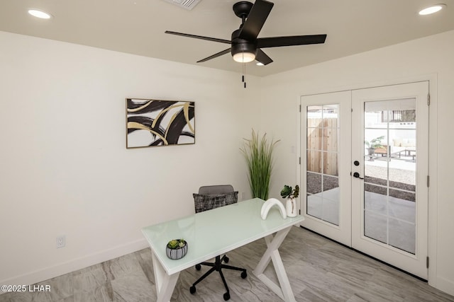 office featuring a ceiling fan, recessed lighting, french doors, and baseboards