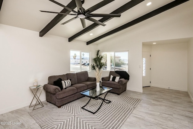 living area featuring recessed lighting, beam ceiling, ceiling fan, and baseboards