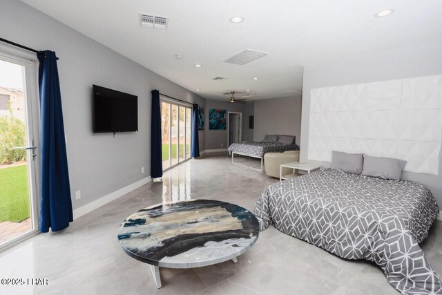 bedroom featuring recessed lighting, visible vents, marble finish floor, and baseboards