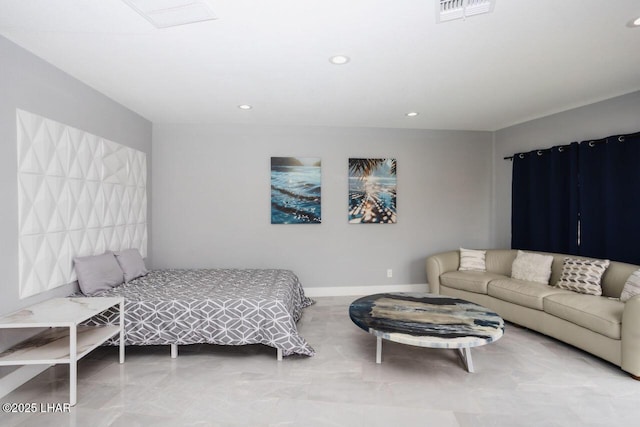 bedroom featuring recessed lighting, visible vents, and baseboards