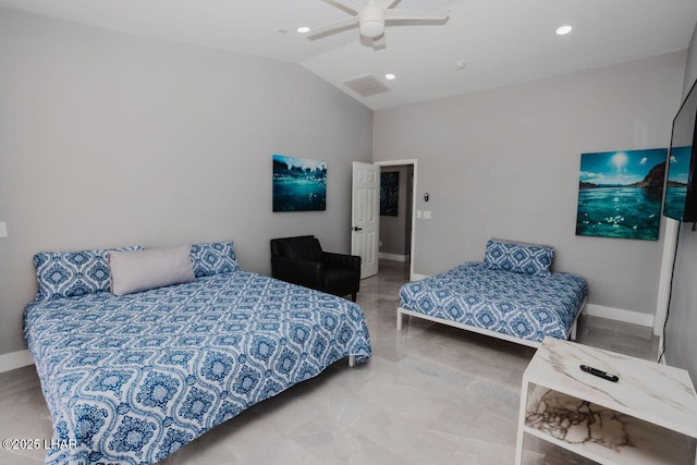 bedroom with recessed lighting, baseboards, lofted ceiling, and a ceiling fan