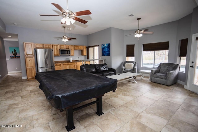 recreation room featuring visible vents, high vaulted ceiling, pool table, baseboards, and ceiling fan