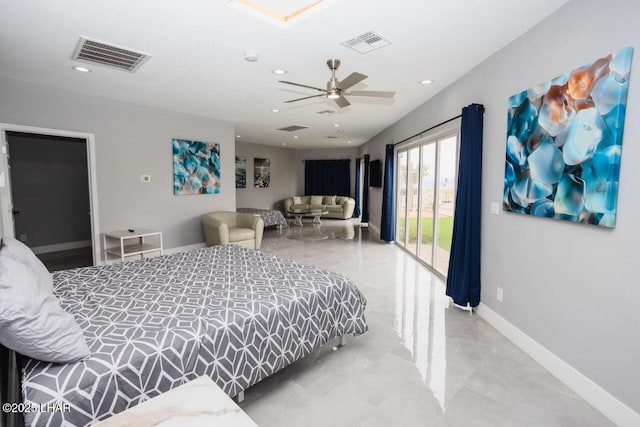 bedroom featuring recessed lighting, visible vents, baseboards, and access to outside