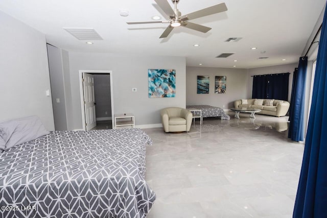 bedroom with recessed lighting, visible vents, and ceiling fan