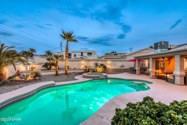 view of swimming pool featuring ceiling fan, central AC, an outdoor living space, a patio area, and an in ground hot tub