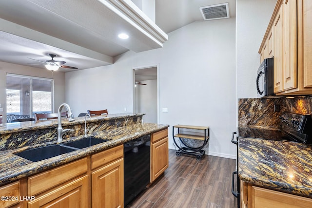 2555 Avalon Ln, Lake Havasu City, AZ 86404 - kitchen featuring black appliances, a sink, a ceiling fan, dark stone counters, and dark wood-style floors