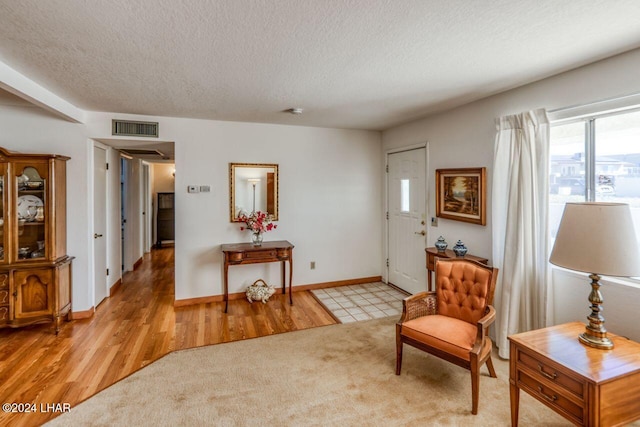 living area with a textured ceiling and light hardwood / wood-style flooring