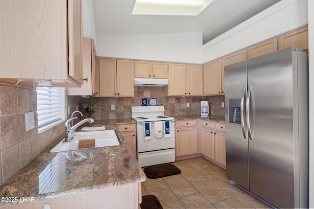 kitchen featuring white electric stove, light brown cabinetry, under cabinet range hood, and stainless steel fridge with ice dispenser