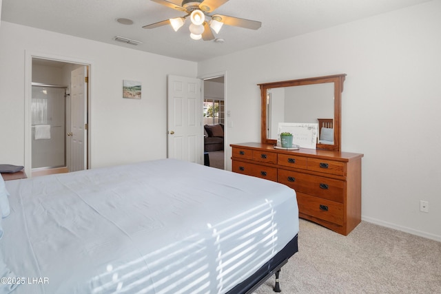 bedroom featuring light colored carpet, ceiling fan, visible vents, and baseboards