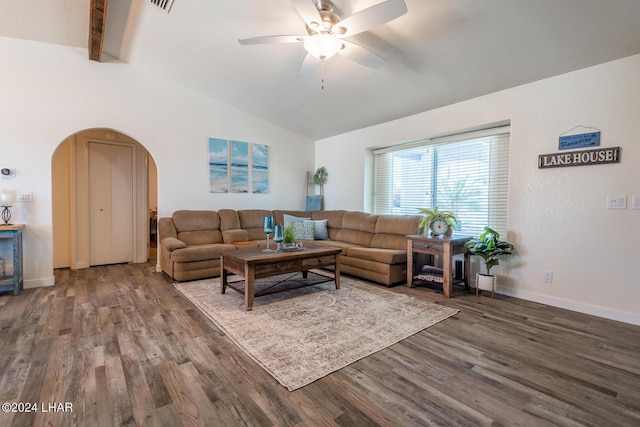 living room with vaulted ceiling with beams, hardwood / wood-style flooring, and ceiling fan