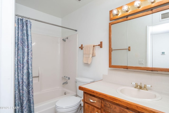 full bathroom with toilet, vanity, shower / bathtub combination with curtain, and tasteful backsplash