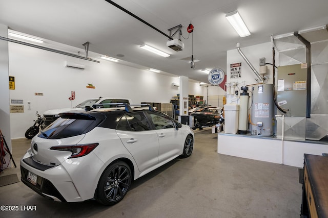 garage featuring water heater, heating unit, a wall mounted AC, and a garage door opener
